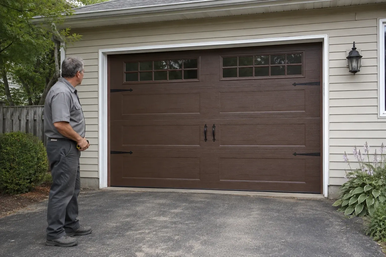 A person stands beside a closed brown garage door with upper windows and black decorative straps and handles. — Carriage-House Garage Door Installation, Kawartha Lakes