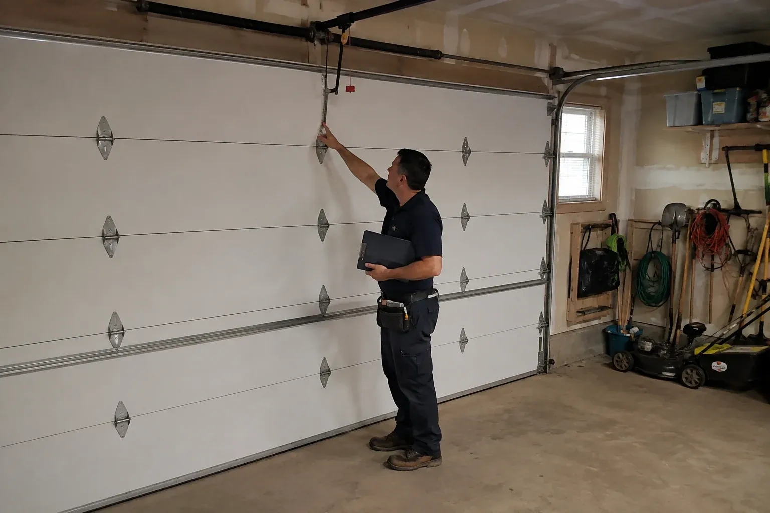 A person holding a clipboard examines the interior hardware of a closed garage door. — Garage Door Tune-Up, Kawartha Lakes