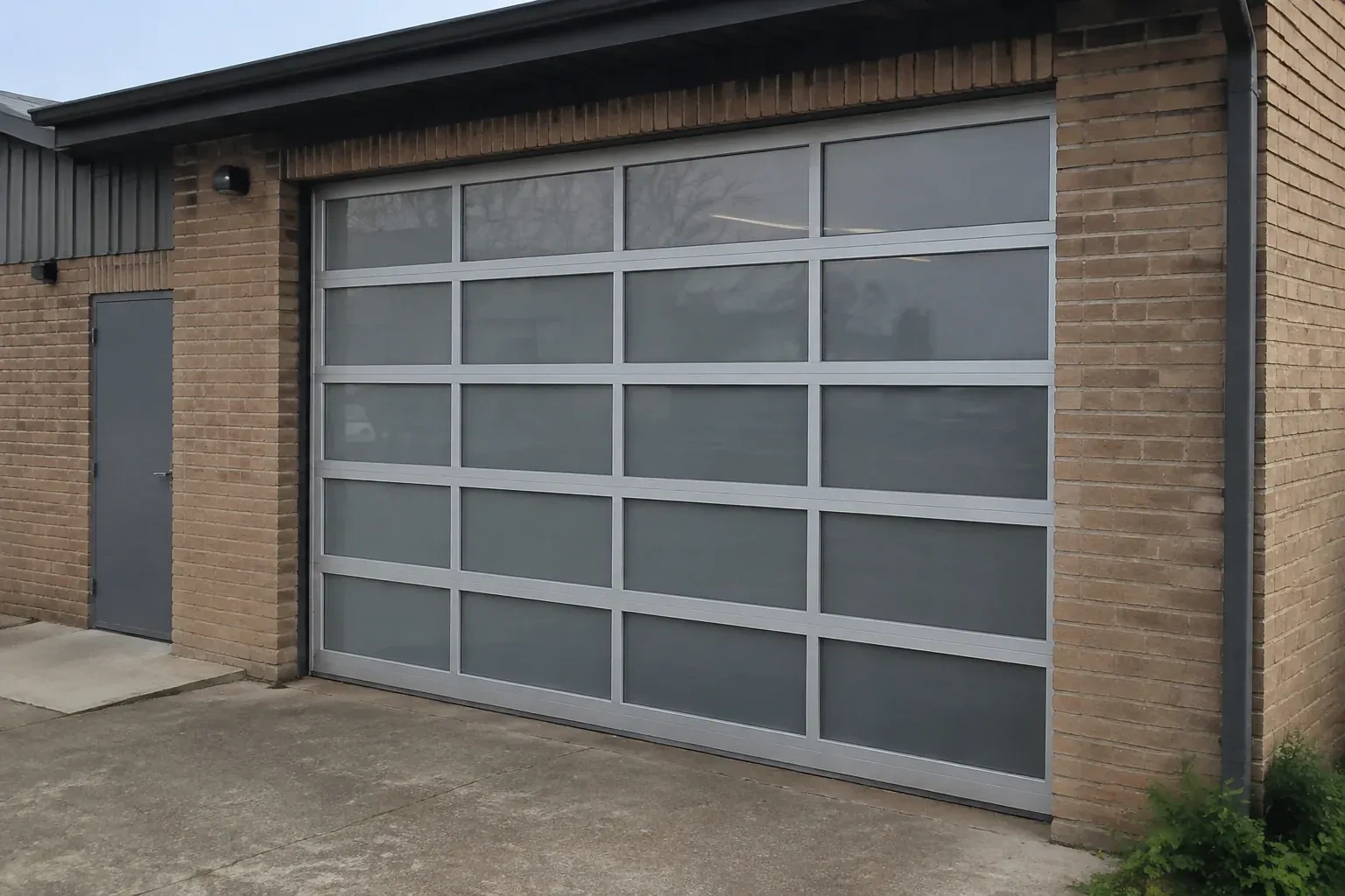 Closed glazed sectional door in a grey metal frame at a brick workshop. — Full-View Glass Garage Door Installation, Kawartha Lakes