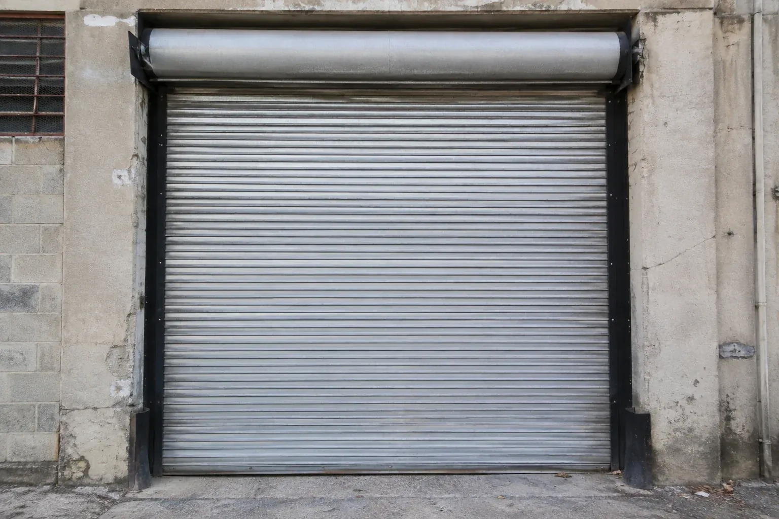 Closed metal rolling shutter in a weathered warehouse opening. — Commercial Rolling Door Repair, Kawartha Lakes