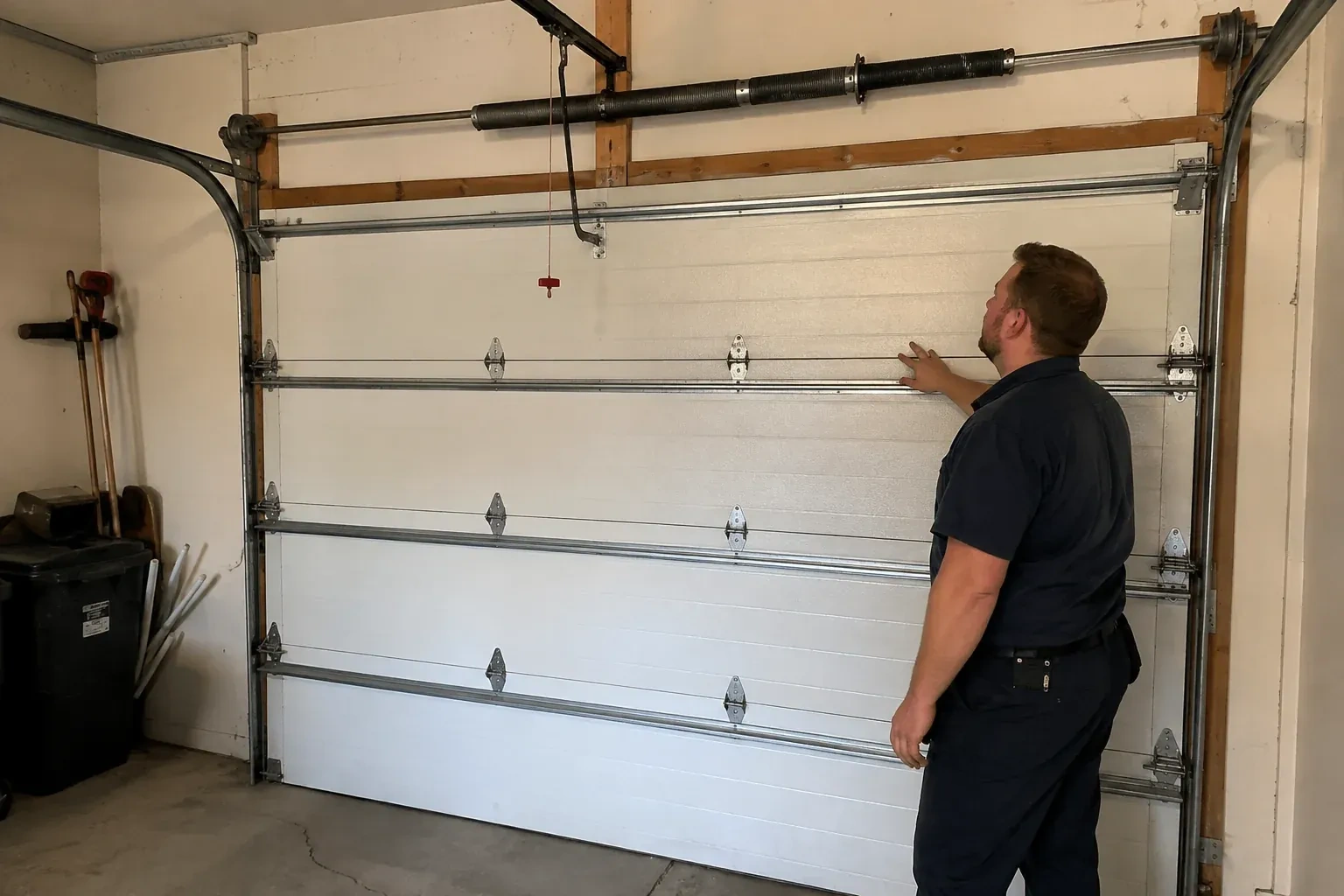 A person stands beside a closed sectional door beneath its overhead spring assembly. — Garage Door Balance Adjustment, Kawartha Lakes