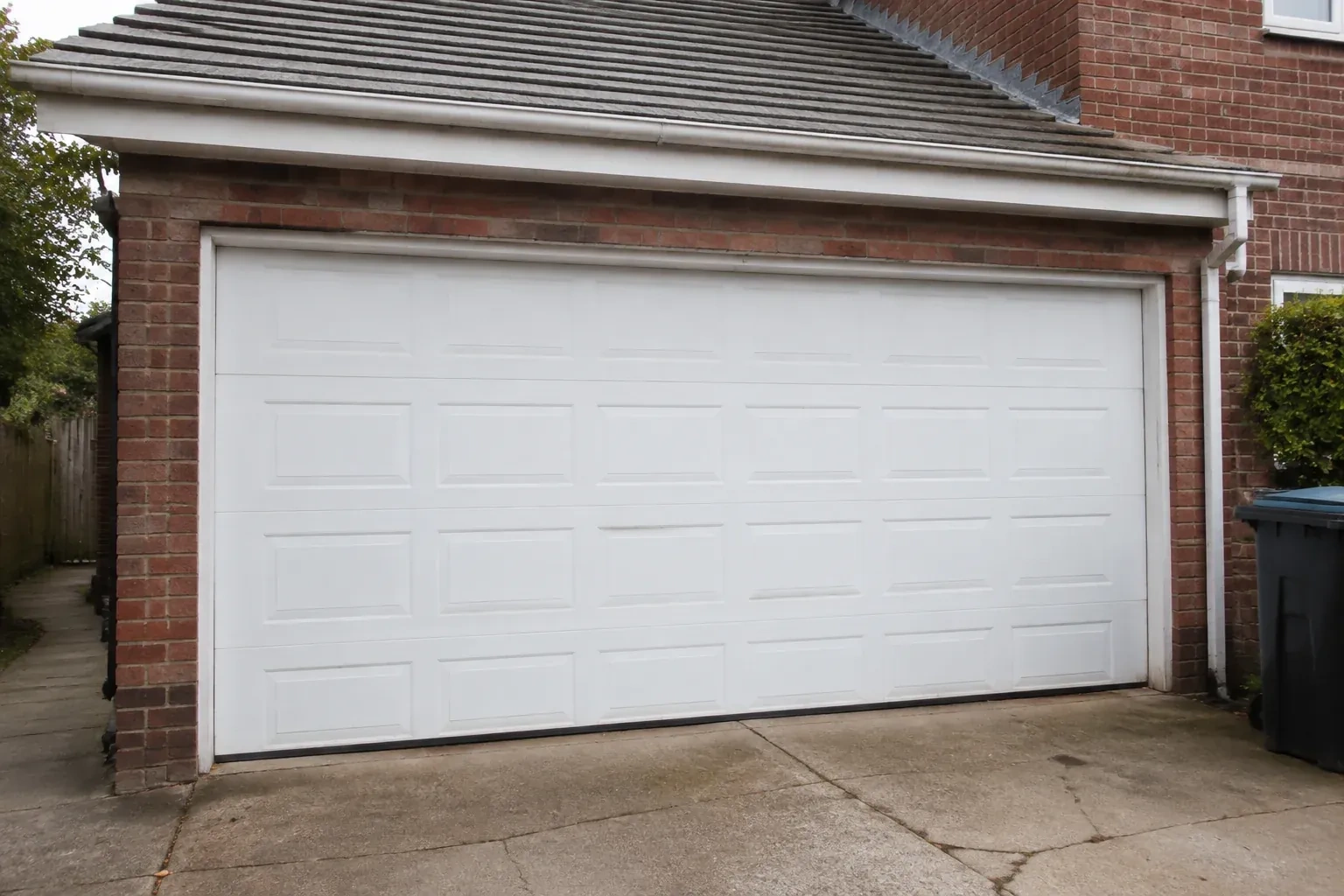 Closed white sectional garage door at an ordinary brick house. — Sectional Garage Door Replacement, Kawartha Lakes