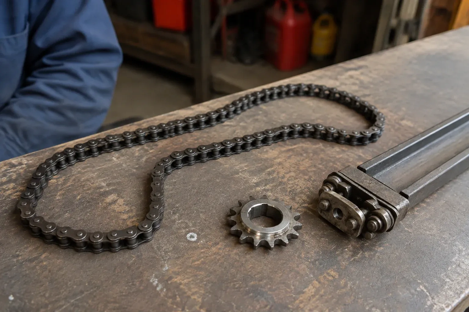 A detached metal roller chain, toothed sprocket and rail component rest on a worn garage workbench. — Chain-Drive Opener Repair, Kawartha Lakes