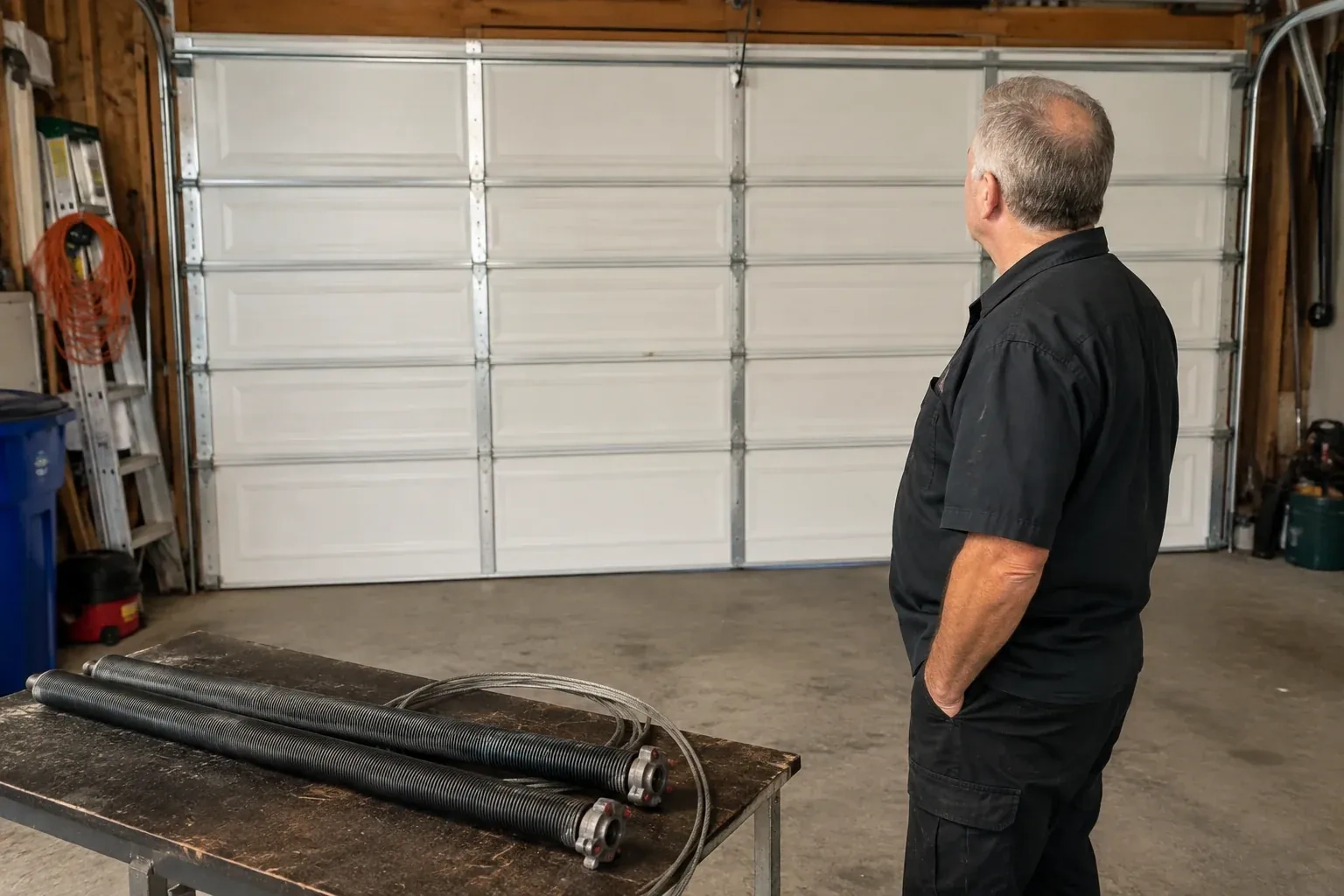 Detached coil springs with end fittings and a cable rest on a bench in front of a closed garage door. — Torsion Spring Replacement, Kawartha Lakes