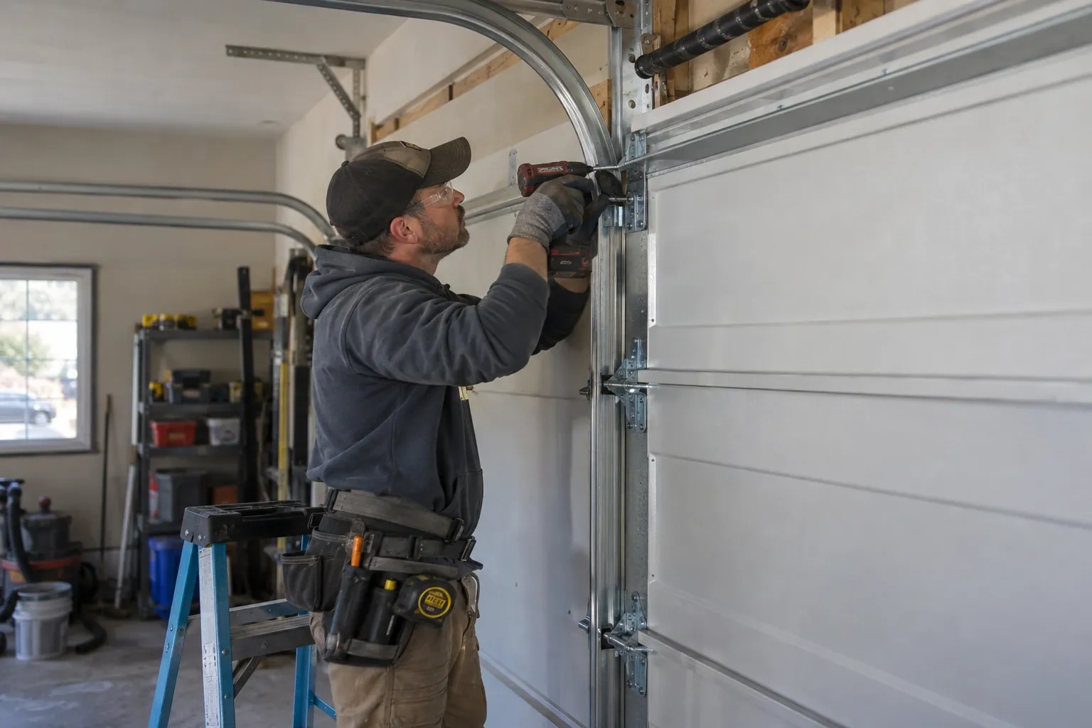 Technician using a red drill at the curved upper track bracket beside a coiled spring above a white garage door.