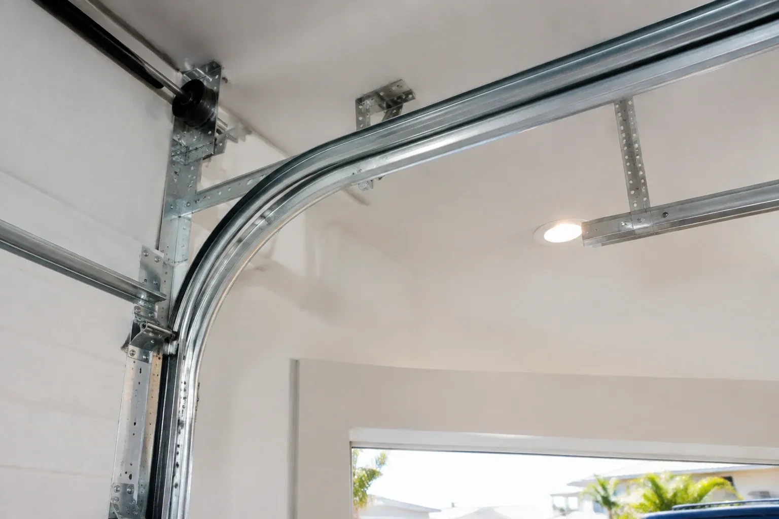 Curved galvanized steel track bending from the vertical door track into the ceiling, with perforated brackets and a recessed light. — Garage Door Track Repair or Replacement, Kawartha Lakes