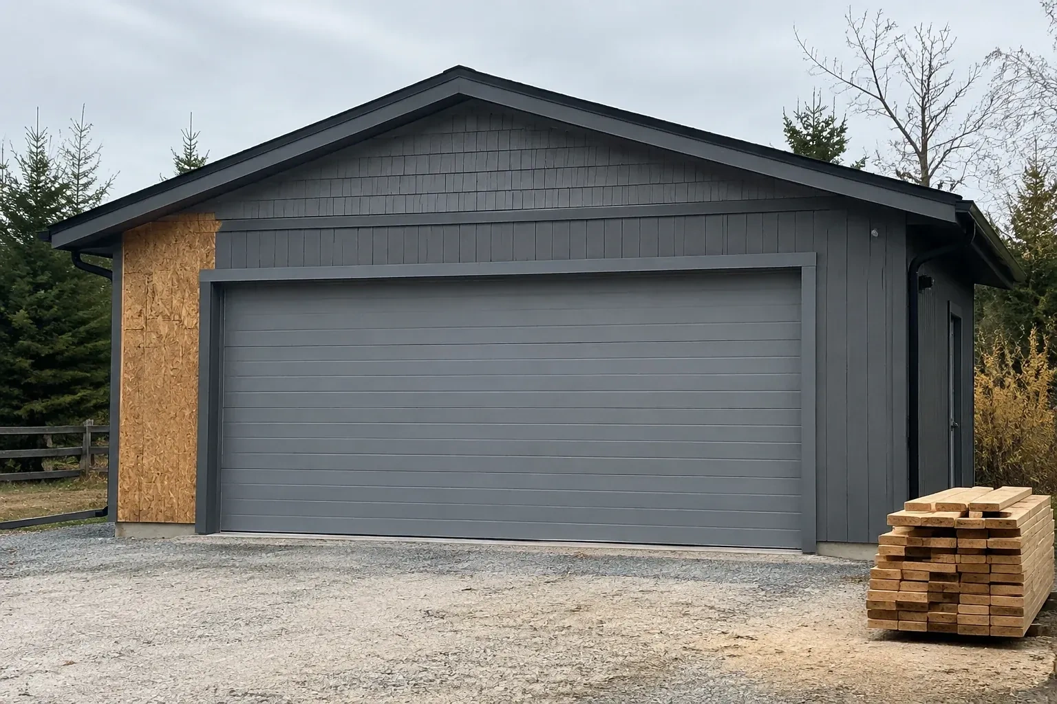 Closed grey garage door on a partly finished building beside stacked lumber. — New-Construction Garage Door Installation, Kawartha Lakes