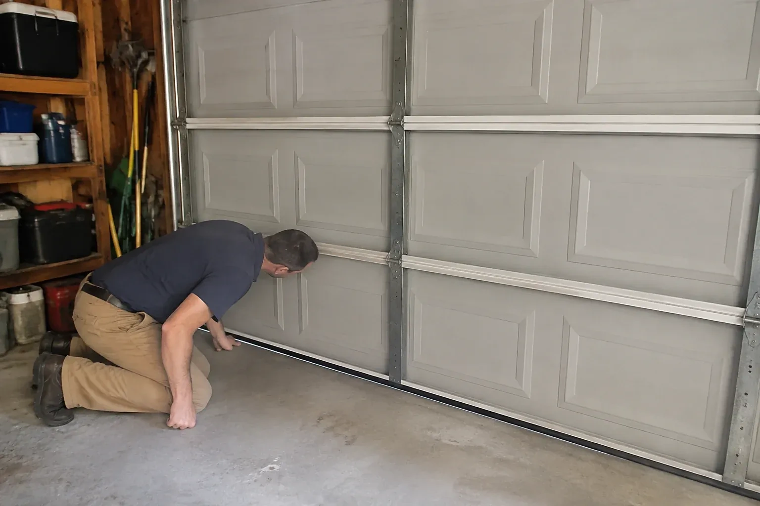 Person kneeling with a hand at the base of a gray paneled door that has a black strip along its bottom. — Garage Door Perimeter Weatherstrip, Kawartha Lakes