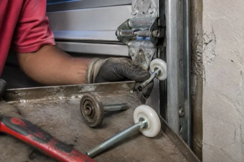 Gloved hand holding a white garage-door roller beside its track, with two loose rollers and a red tool on a tray. — Garage Door Roller Replacement, Kawartha Lakes
