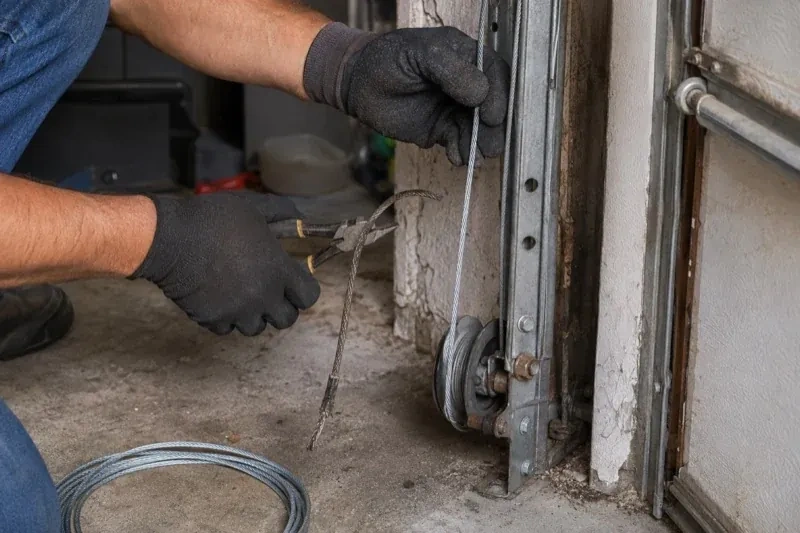 Gloved hands holding a bright cable and pliers gripping a frayed cable beside a garage-door track and pulley. — Garage Door Cable Replacement, Kawartha Lakes