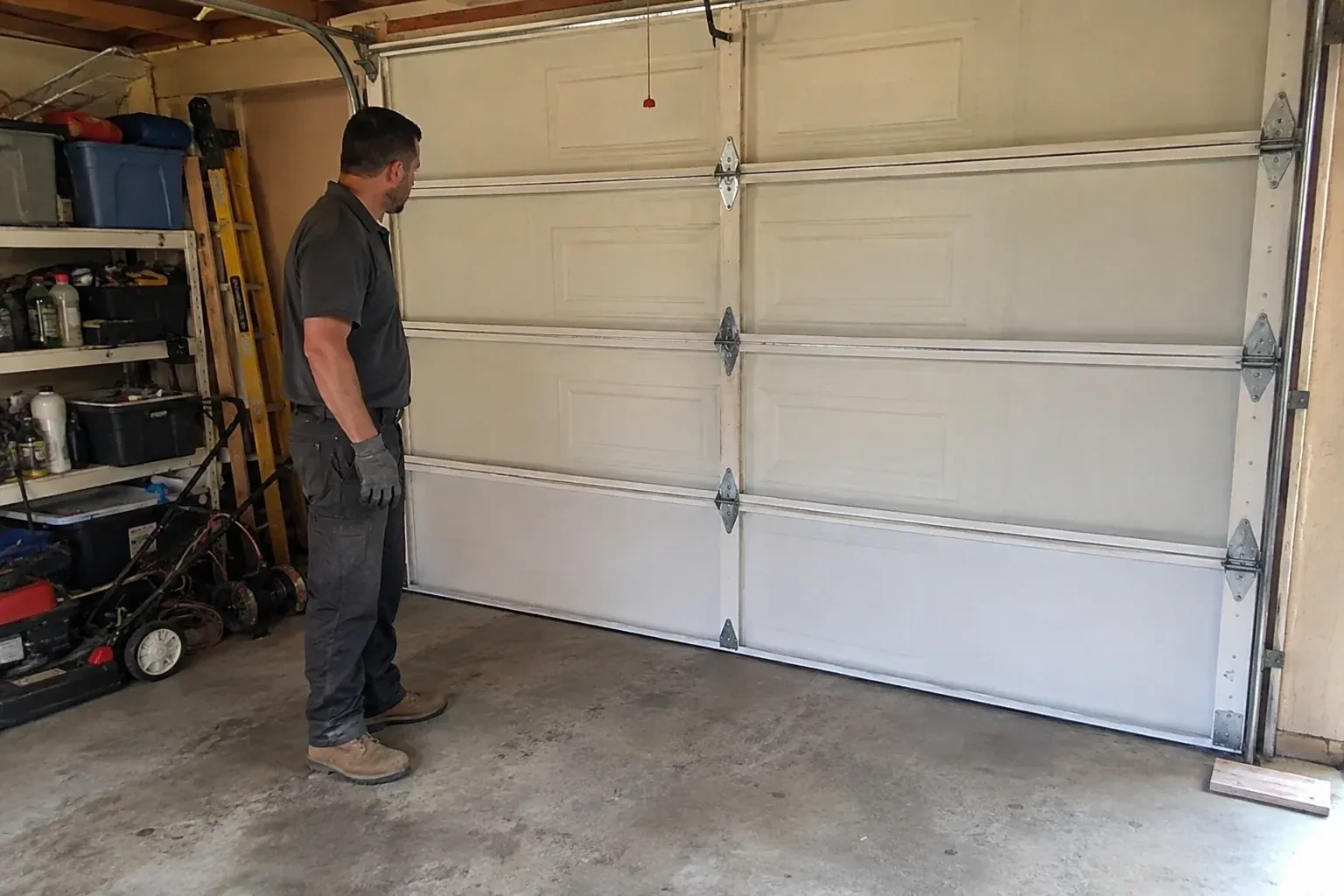 A person examines the interior panels and hinges of a closed sectional garage door. — Garage Door Panel Replacement, Kawartha Lakes