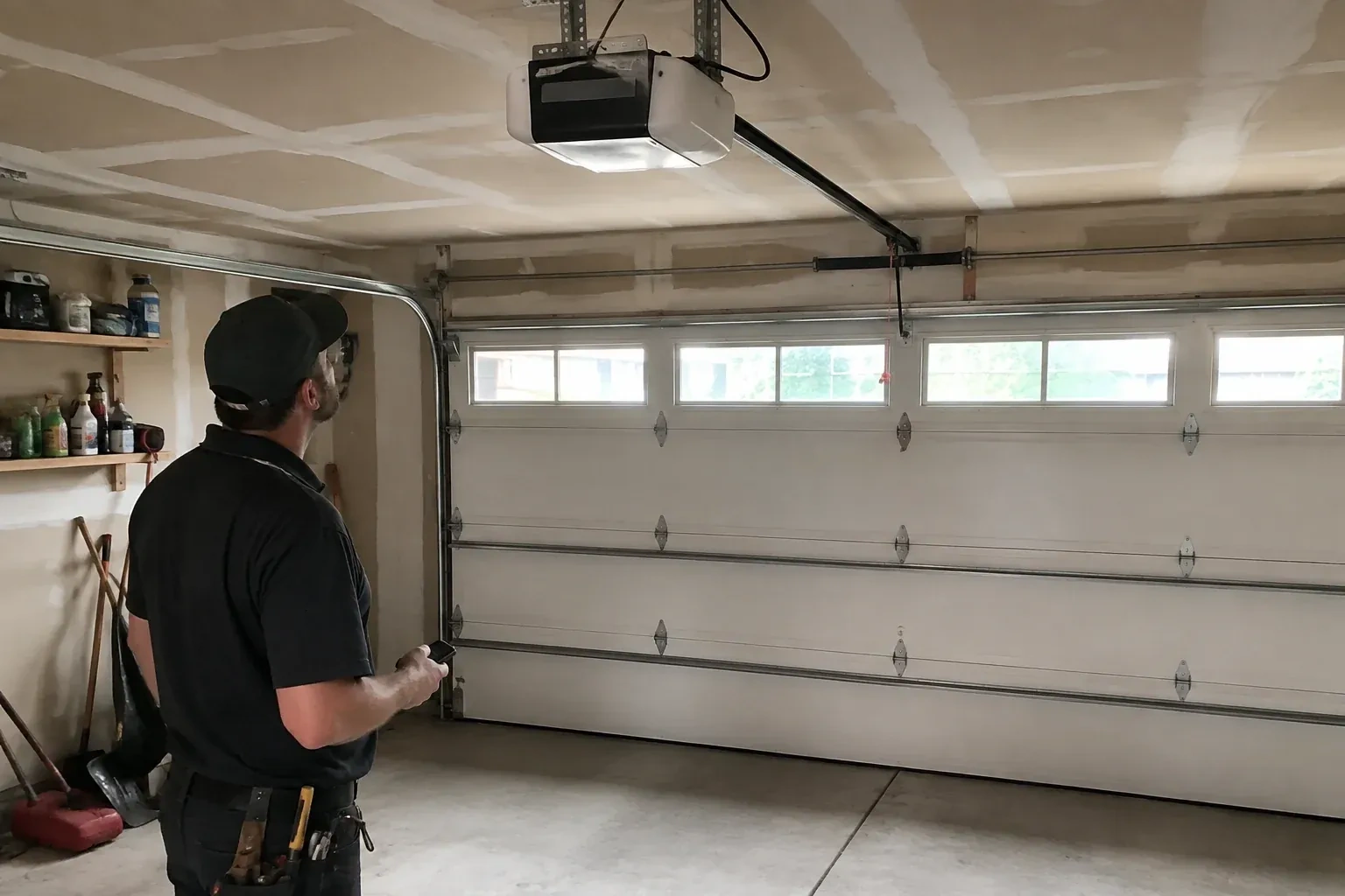 A person looks at an overhead opener above a closed garage door with a row of windows. — Garage Door Opener Replacement, Kawartha Lakes