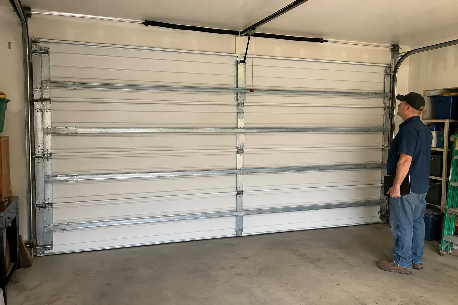 A person examines horizontal metal reinforcement members across the interior of a closed garage door. — Wind-Rated Garage Door Replacement, Kawartha Lakes