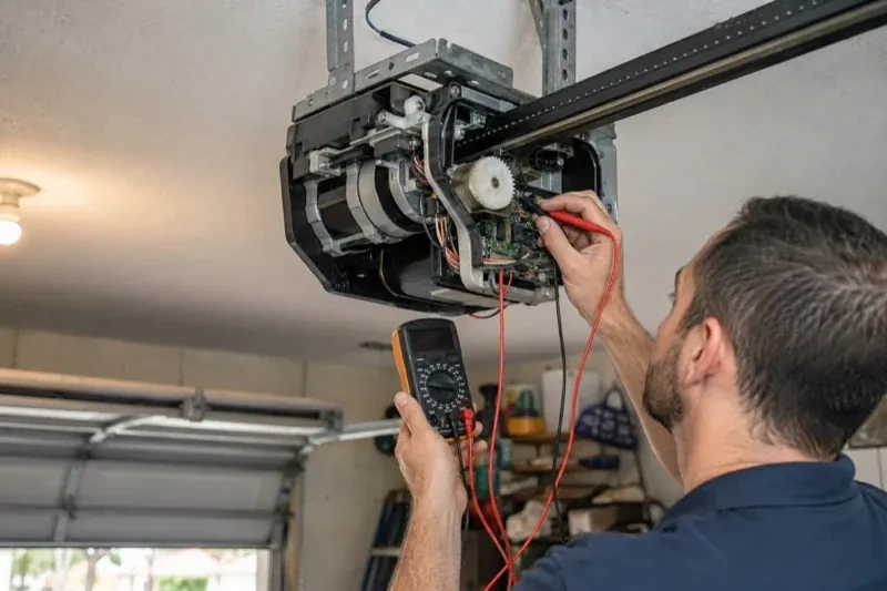 Person holding a multimeter and a red probe near the exposed circuit board of an overhead garage-door opener. — Garage Door Opener Diagnosis and Repair, Kawartha Lakes