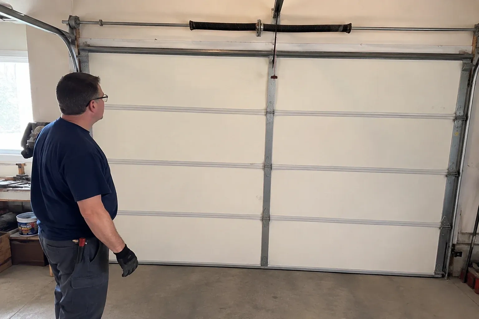 Person in a dark shirt standing before a closed cream sectional door, looking up at a coiled spring and red-tipped cord. — Off-Track Garage Door Reset, Kawartha Lakes