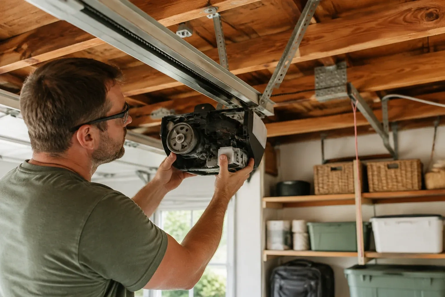 Person in a green shirt and glasses holding an opened opener housing that shows a gear, under wooden ceiling joists. — Belt-Drive Opener Repair, Kawartha Lakes