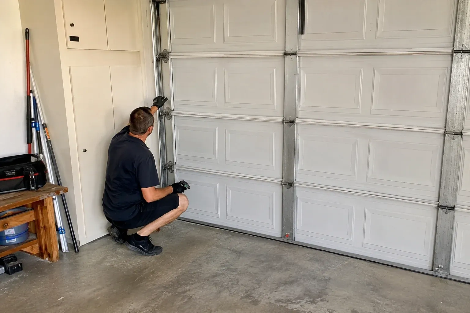 A person kneels beside the side track and hinges of a closed sectional garage door. — Garage Door Safety Inspection, Kawartha Lakes