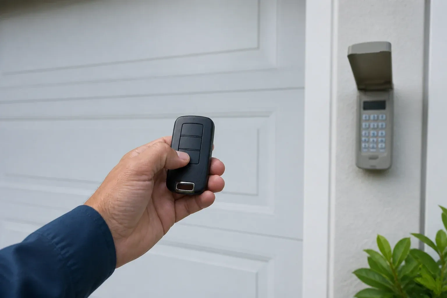 Hand holding a black three-button remote in front of a white paneled door, with a wall keypad and open cover at right. — Garage Door Remote and Keypad Programming, Kawartha Lakes