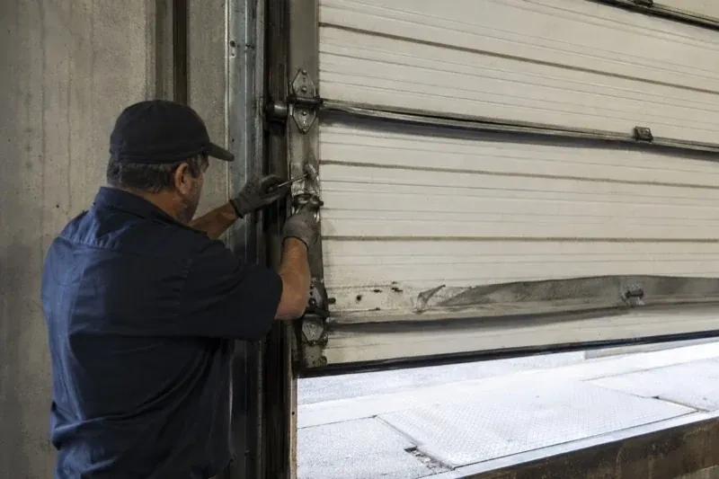 Person holding tools at the side hinge of a partly raised industrial sectional door — Commercial Sectional Door Repair, Kawartha Lakes