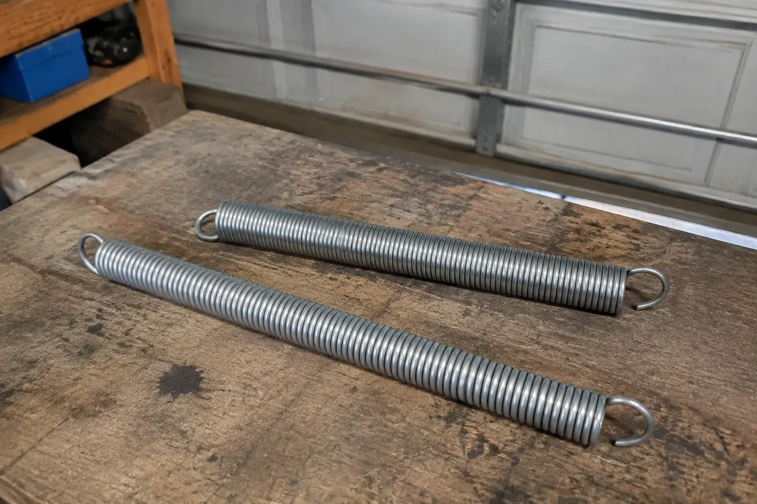 Two detached extension springs with hooked ends on a garage bench. — Extension Spring Replacement, Kawartha Lakes