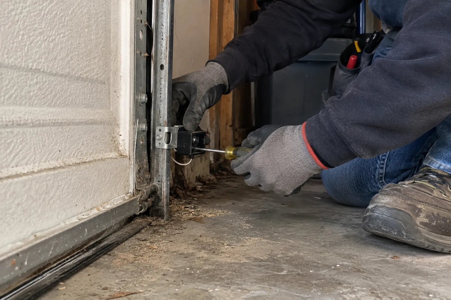 Gloved hands using a yellow-handled screwdriver to fasten a small black sensor to a vertical metal track beside a white door panel. — Photo-Eye Sensor Alignment or Replacement, Kawartha Lakes
